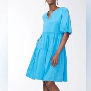 Chico's Blue Poplin Tiered Mini Dress 12 Vibrant Blue V Neck Puff Sleeve Spring